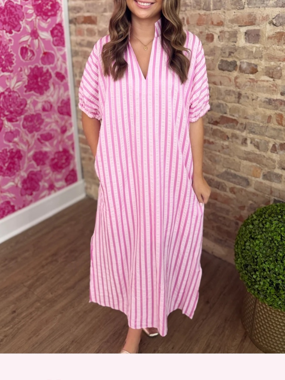 Caroline Constas Pink Striped V-Neck Maxi Dress
